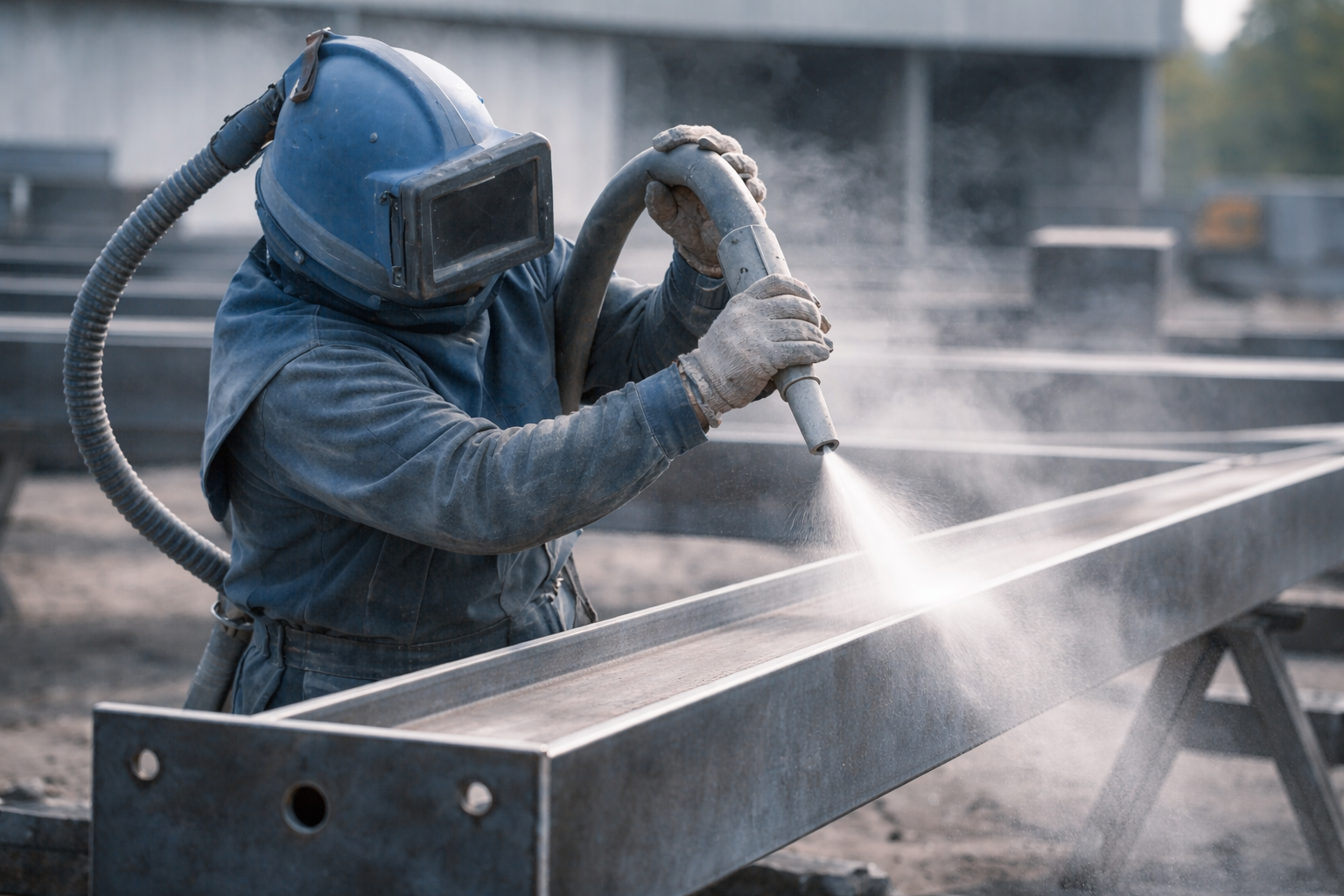 Industrial surface preparation team removing old coating before repainting